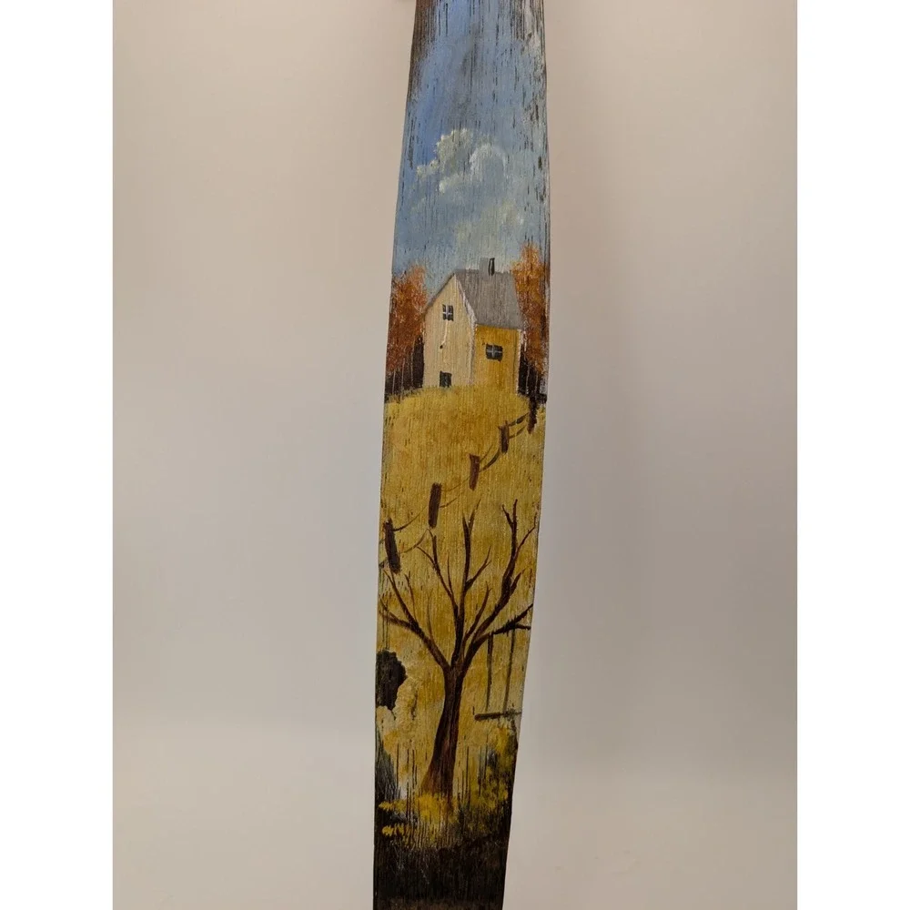 Hand Painted Folk Art Landscape on Barrel Stave Style Curved Wood Wall Hanging